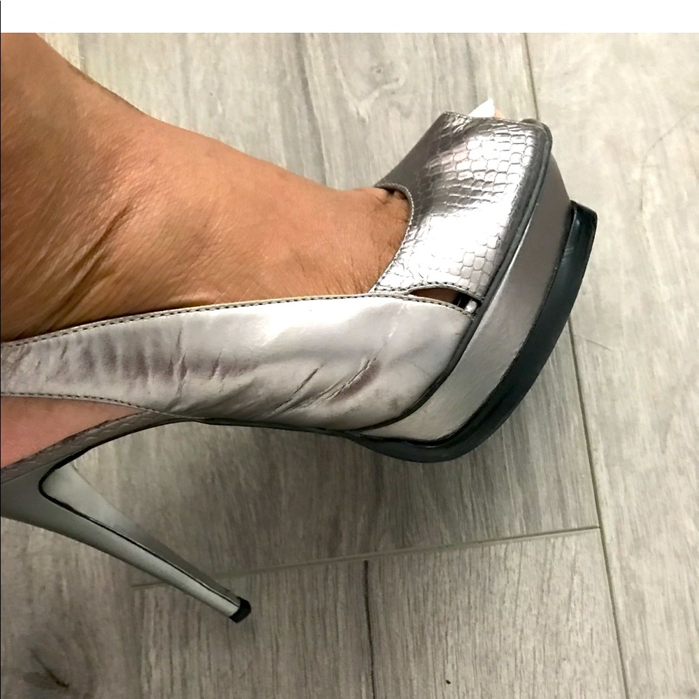 Silver chrome grey Bebe sling back zahara heels